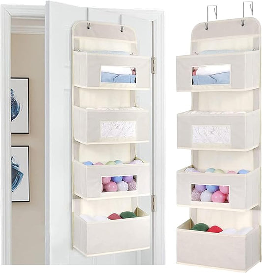 MAX Houser 4-Shelf Over The Door Hanging Organizer with 2 Metal Hooks, 4 Pocket Swing-Proof Behind Door Organizers with Clear Windows for Nursery Bathroom Closet,Dorm,Baby Diapers, Kids Toys (Beige)