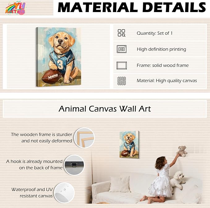 YOUHONG Animal Art Animal Canvas Wall Art Dog Poster with Inner Wooden Frame - Dog Pictures Lightweight & Easy to Hang, Sports Wall Decor for Boys Bedroom & Living Room Decoration (12x15.7 Inches)