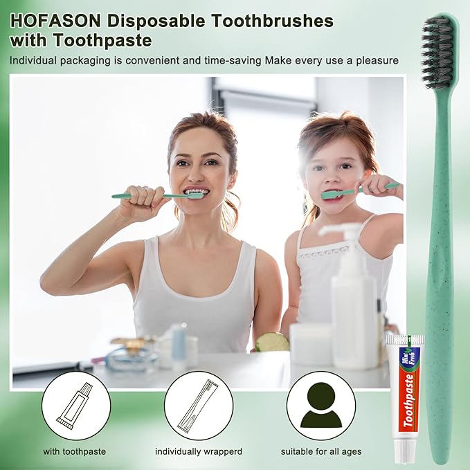 HOFASON Disposable Toothbrushes with Toothpaste 200 Pack, Travel Bulk Toothpaste and Toothbrush Set, Travel Size Tooth Brush Paste, Individually Wrapped Toiletries for Homeless, Nursing Home, Hotel