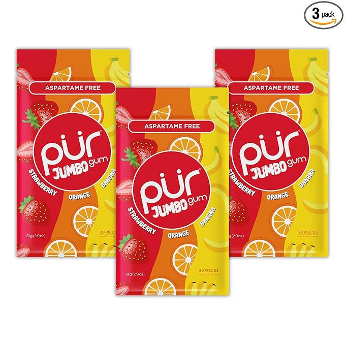 PUR Jumbo Gum | Aspartame Free Chewing Gum | 100% Xylitol | Natural Strawberry, Banana, Orange Flavor, 20 Pieces (Pack of 3)