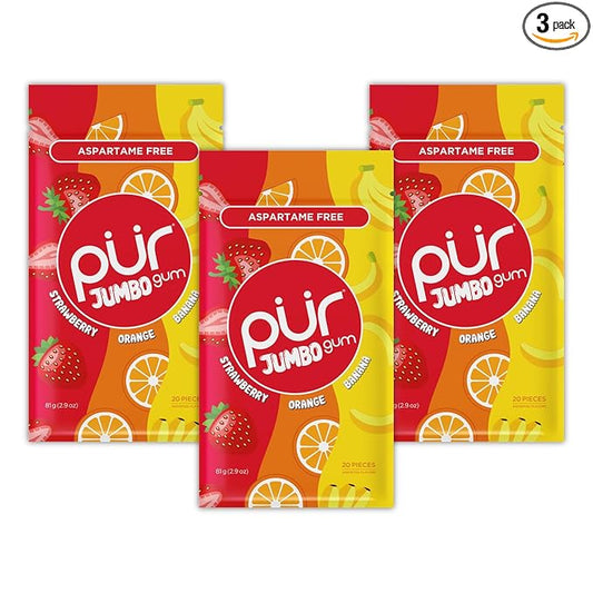 PUR Jumbo Gum | Aspartame Free Chewing Gum | 100% Xylitol | Natural Strawberry, Banana, Orange Flavor, 20 Pieces (Pack of 3)