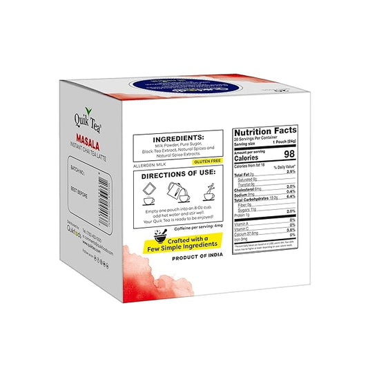 QuikTea Masala Chai Tea Latte – 20 Count, Bold Masala Flavor, Naturally Caffeine-Light, No Preservatives – Just Add Hot Water