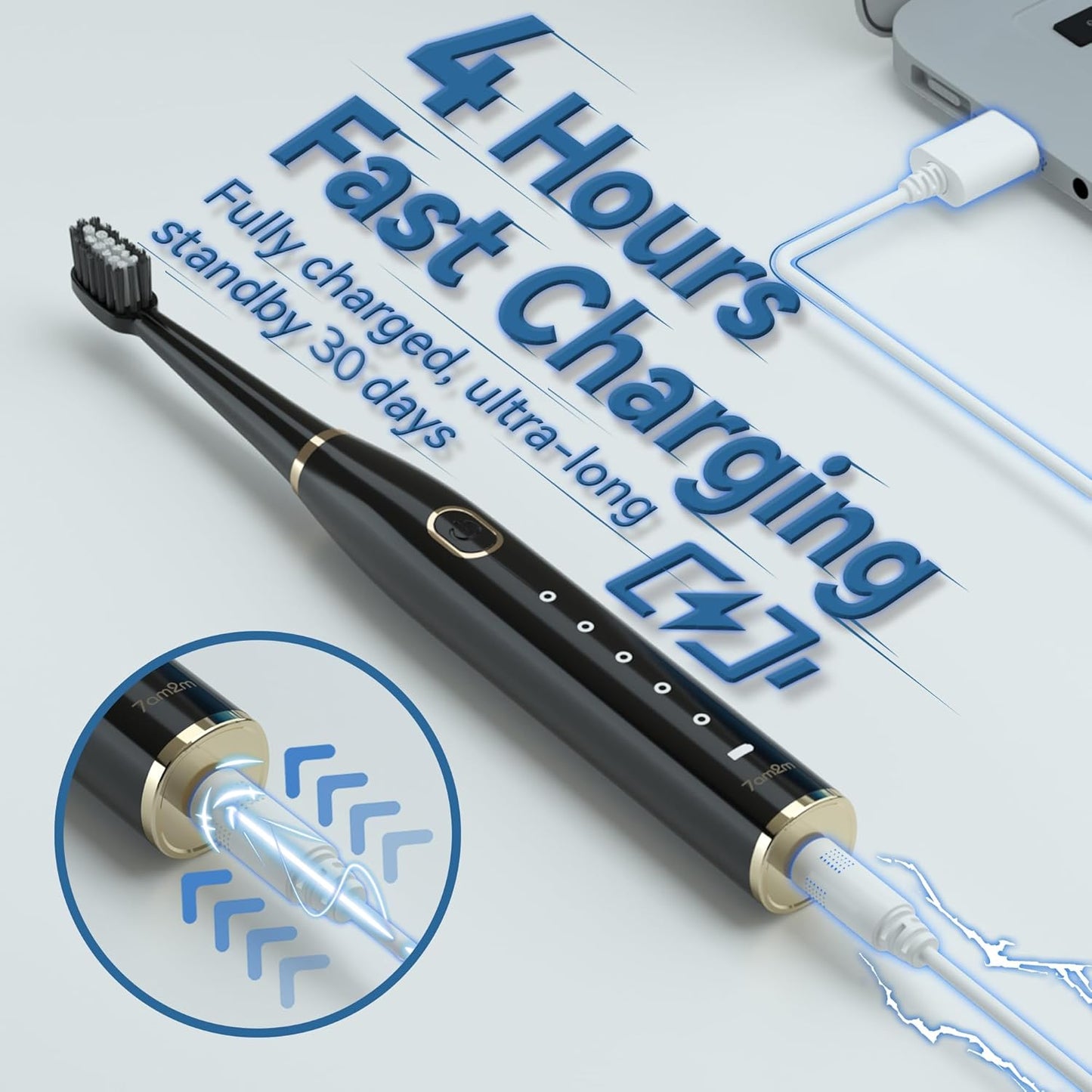 7AM2M Sonic Electric Toothbrush for Adults and Kids- High Power Rechargeable Toothbrushes with 8 Brush Heads,5 Adjustable Modes, Built-in 2-Minute Smart Timer,4 Hours Fast Charge for 30 Days(Black)