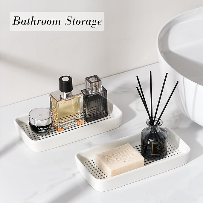 Bathroom Vanity Tray for Countertop,2PC Rectangle Striped Tray,Decorative Bathroom Organizer for Scrubber, Lotion Bottles, Perfume, Jewelry, Candle, Key Trinket Ring(Small,White)