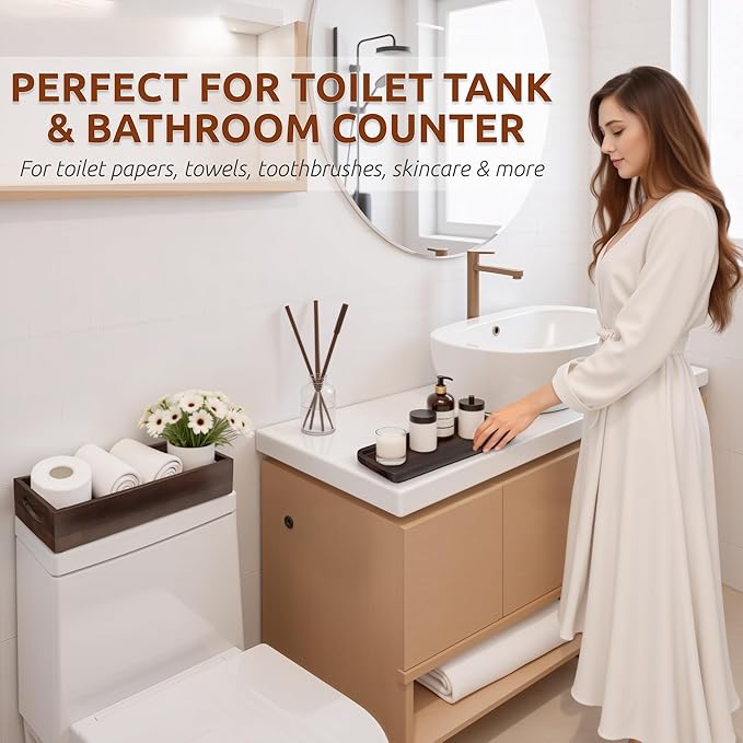 Handmade Toilet Tank Basket Topper & Vanity Tray Set of Natural Acacia Wood by DEMIGO, Created by Skilled Artisans, Smooth, Durable, Attractive Decor for Bathroom, Kitchen, Home, Spa (Dark Brown)