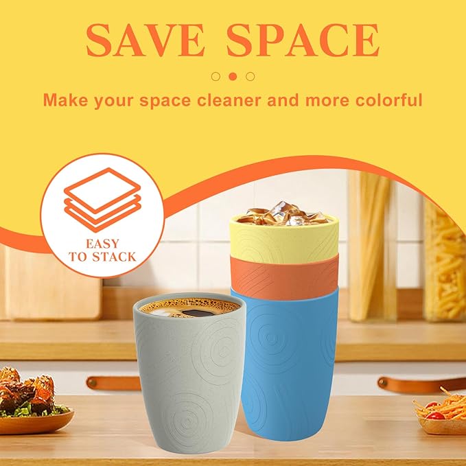 Homienly Kids Cups Premium Wheat Straw Cups Set of 4, Reusable Cups, Unbreakable Drinking Cup 12 OZ, Dishwasher and Microwave safe, Tumbler for Juice, Drinks, Milk - Beach Color