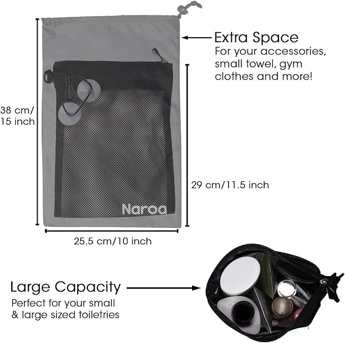 Naroa Waterproof Multifunctional Toiletry Shower Bag for Gym, Travel, Business and Foldable Portable Hanging Bathroom Mesh Caddy with Wet & Dry Storage Suction Hook Tote for Men Women