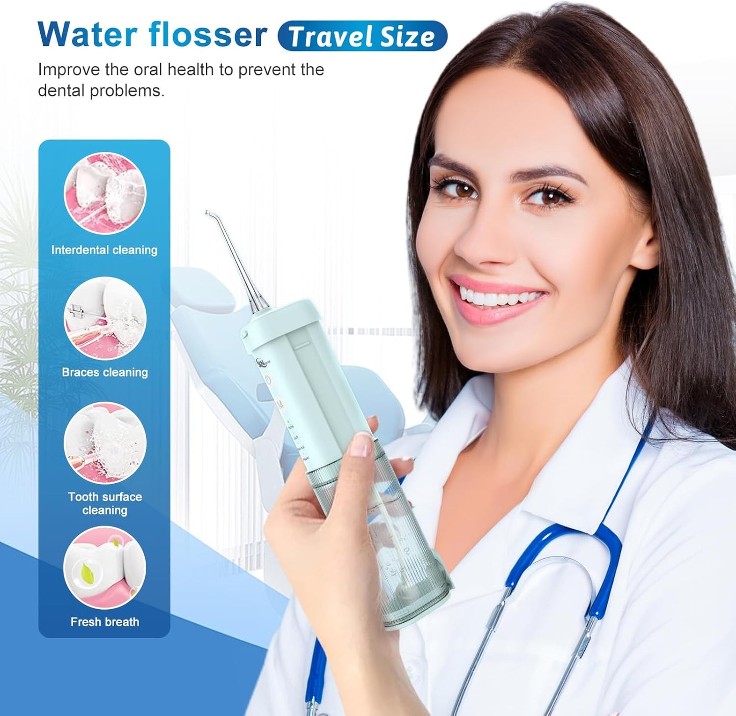 Mini Portable Water Flosser Oral Irrigator Water Teeth Cleaner Pick, Telescopic Water Tank, 4 Modes & IPX7 Waterproof, Home & Travel Water Flossers for Teeth, Braces Bridges Care. (Pearl Blue)