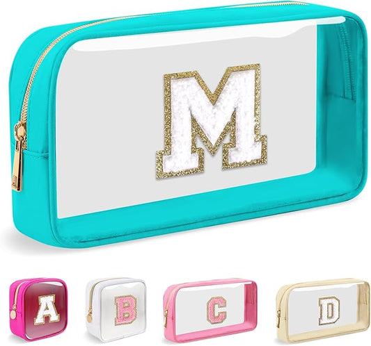 Small Clear Personalized Initial Makeup Bag,Nylon Preppy A-Z Chenille Letter Patch Cosmetic Pouch Beach Toiletry Bag,Waterproof Zipper Travel Purse Storage Bag Organizer for Women Girls(Cyan-White M)