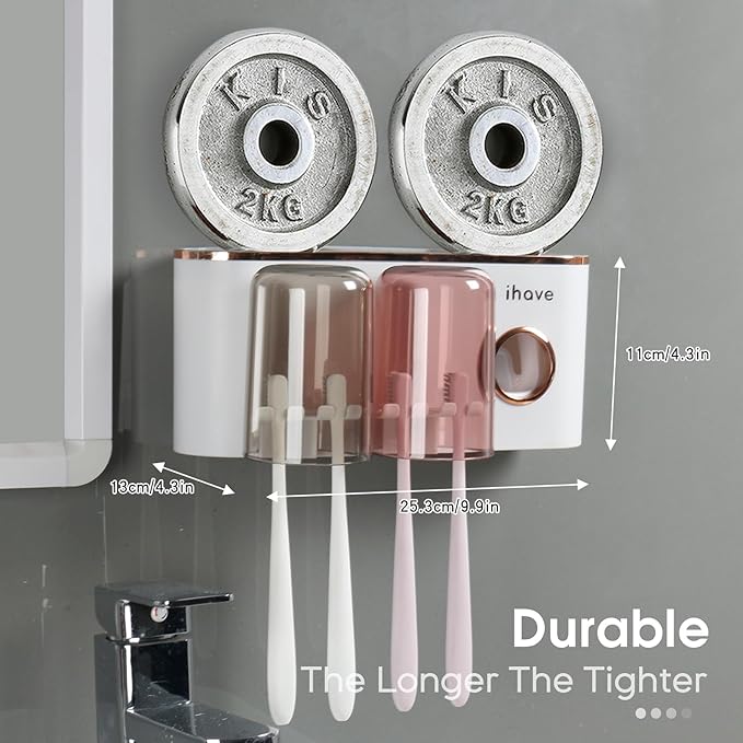 iHave Toothbrush Holders Bathroom Decor with Toothpaste Dispenser, 2 Cups Toothbrush Holder Wall Mounted Bathroom Accessories