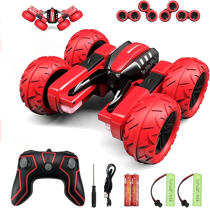 Remote Control Car for 6-12 Years Old Boys Girls Birthdays Present Gift, Hobby RC Car Stunt with LED Light Electric 4WD 2.4Ghz Double Sided Rotating Racing Vehicle 360° Flips Offroad Kids Toy Red
