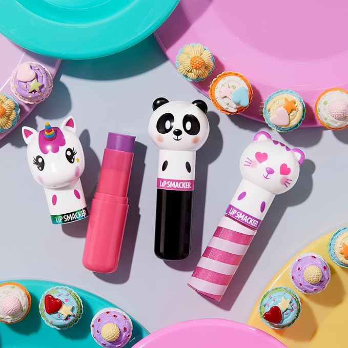 Lip Smacker Lippy Pals, Set of 3 Flavored Moisturizing & Smoothing Soft Shine Lip Balm, Hydrating & Protecting Fun Tasty Flavors ,Cruelty-Free & Vegan - Unicorn, Panda and kitten
