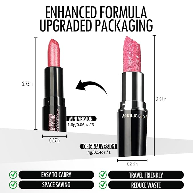 Anglicolor 6PC Mini Glitter Lipstick Set,High Pigmented,Lightweight Smooth Moisturizing Formula,Glossy Shine,Travel Size,Metallic Shimmer Lipstick Gift Sets For Women Girls Makeup kit