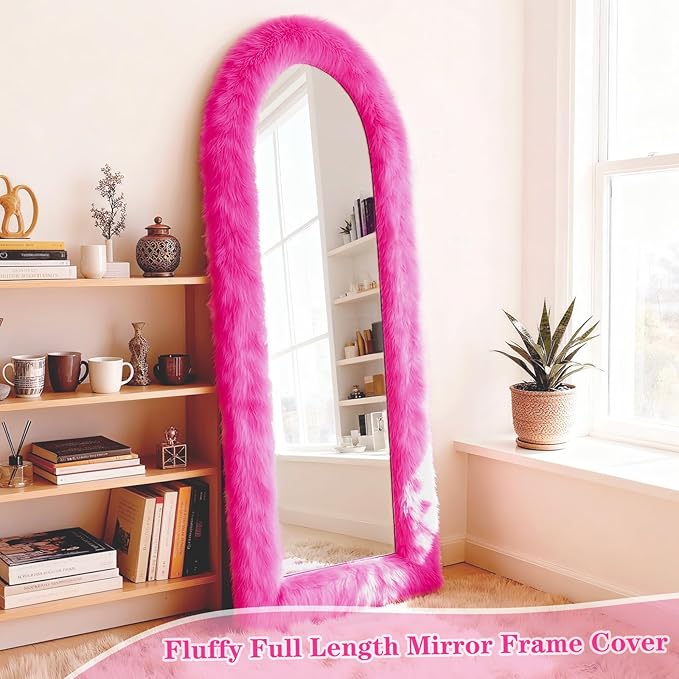 Fluffy Full Length Mirror Cover Universal Ultra Soft Non-Slip Border with Adhesive Tape Pink Fuzzy Frame Decor for Standing Mirror Bedroom Cloakroom Home Decor Women Gifts (vibrant pink, 64 x 21 Inch)
