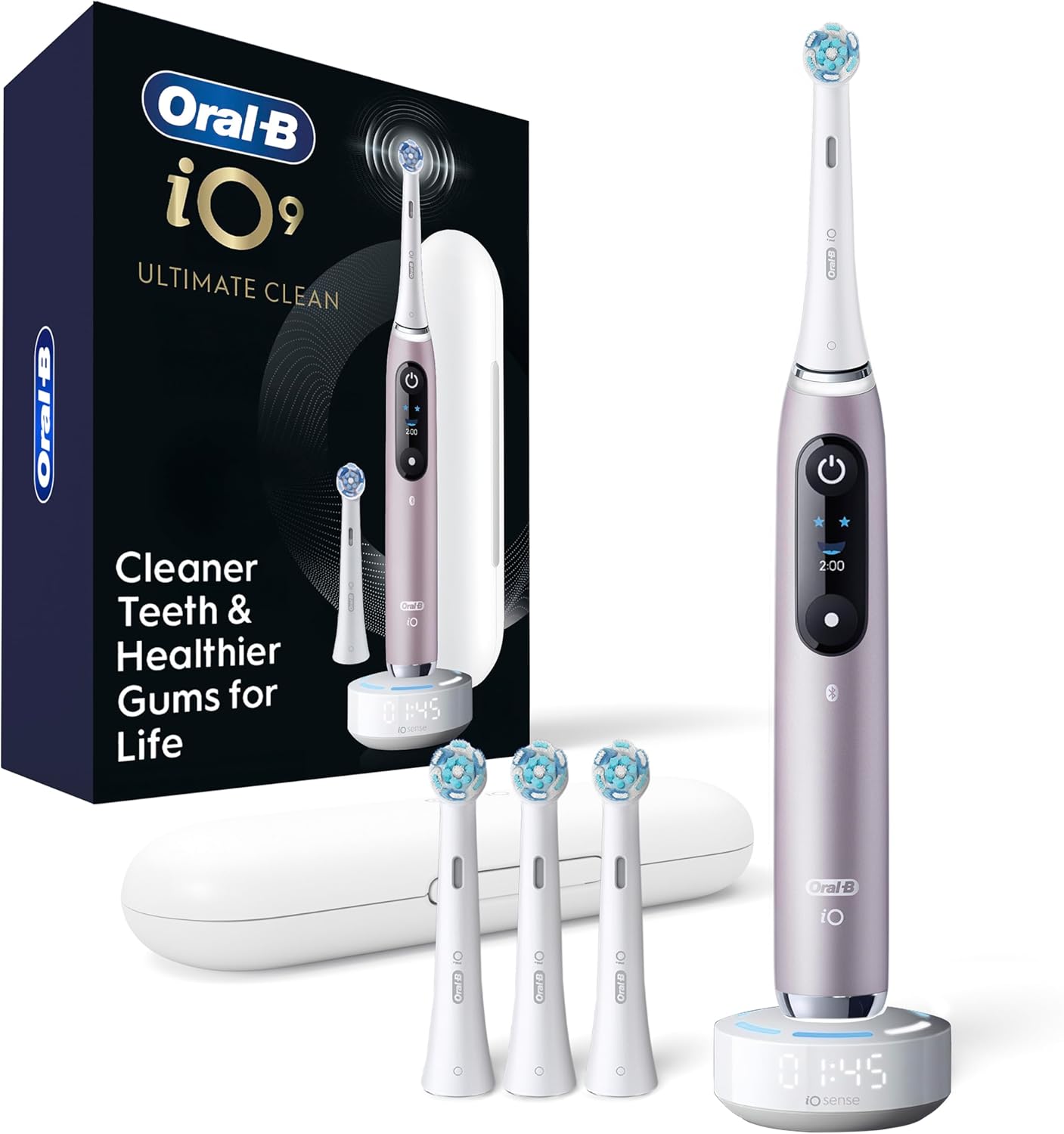 Oral-B iO Series 9 Limited Rechargeable Rose Quartz Electric Toothbrush with (2) Ultimate Clean and (1) Gentle Care Replacement Brush Heads, White, Travel Case-White and Charger