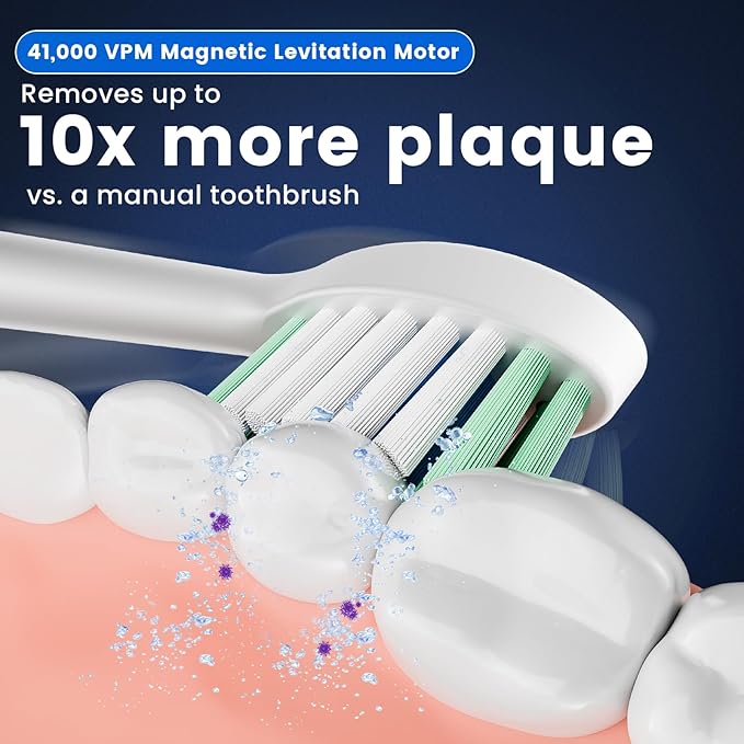 Betterchoi Sonic Electric Toothbrush for Adults, USB Rechargeable Toothbrush - 41,000 VPM Maglev Motor - 4 Brush Heads - IPX7 Waterproof, 180-Day Battery Life, 5 Cleaning Modes & Smart Timer, White
