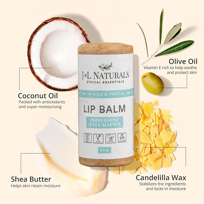 J&L Naturals Sustainable Lip Balm | Organic Ingredients, 100% Natural, Eco-Friendly | Cruelty Free, Vegan, Paraben Free, Silicone Free (Peppermint & Eucalyptus, 5-Piece Bundle)