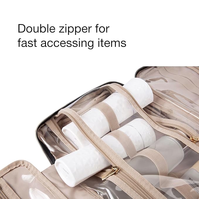 BAGSMART Toiletry Bag Travel Bag with Hanging Hook, Water-resistant Makeup Cosmetic Bag Travel Organizer for Accessories, Shampoo, Full-size Container, Toiletries (Camel, Medium)