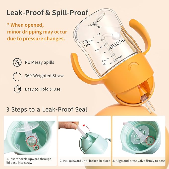 Evorie Tritan Weighted Straw Sippy Cup with Handles for Baby and Toddlers, Spill Proof Baby Water Bottle with Straw for 6 months and up, 7 Oz, Infant Training Water Bottle (Ube)