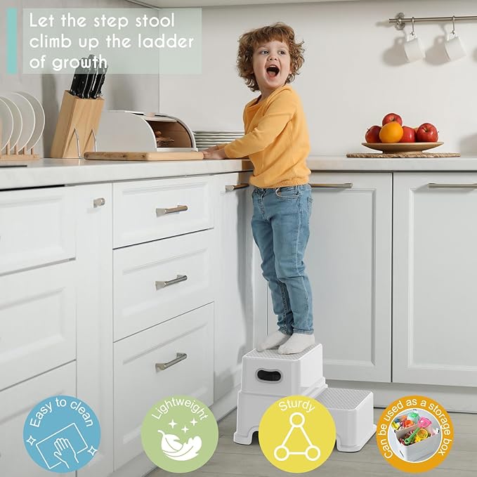 Victostar Toddler Step Stool,2 Kids Step Stool for Bathroom Sink,Baby Potty Stool with Anti-Slip Surface and Rubber Bottom,Plastic Stool with Handle for Toilet Potty Training Bathroom Kitchen