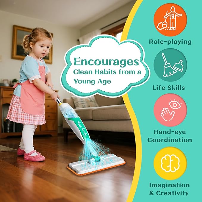 Kids Spray Mop Toy – Toddler Cleaning Set with Real Water Sprayer, Microfiber Mop Pads & Scraper – Pretend Play Montessori Cleaning Toys Gift for Preschool Toddlers Kids Boys and Girls