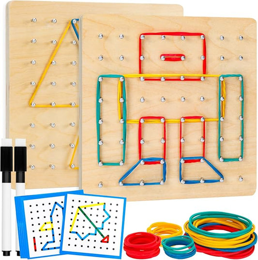 2Pack Wooden Geoboard,Montessori Toy,Graphical Mathematical Education Toy for Kids with Pattern Cards and Rubber Bands to Figures and Shapes, Brain Teaser STEM Toy Geo Board.