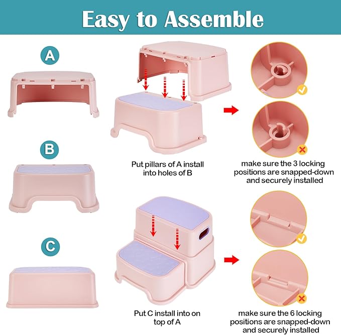 WELSPO 2 Step Stool for Kids, Toddler Step Stool for Bathroom, Kitchen, Bedroom, Living Room, Non-Slip Toddlers Toilet Potty Stool with Handles Baby Child Kid Plastic Poop Stools(Pink)