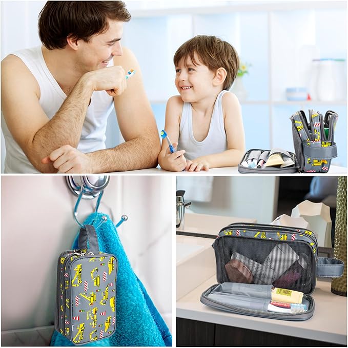 Kids Toiletry Bag for Boys, Travel Toiletry Bag for Little Young Boys Waterproof Hanging Wash Bag Toddler Traveling Toiletries, Construction Grey