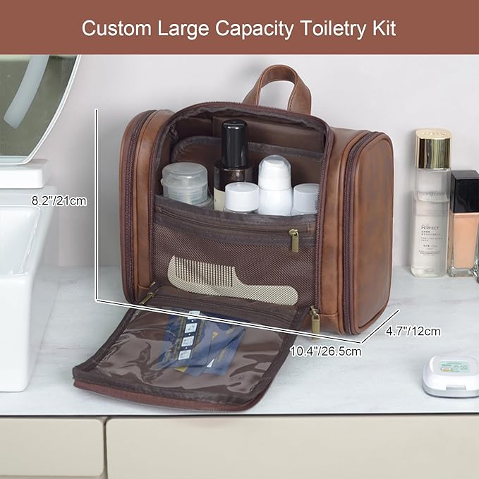 Personalized Toiletry Bag For Men, Large Capacity Travel Doop Kit, Vintage Color PU Leather, Custom Name Initials, Gifts for Dad, Husband, Boyfriend, Groomsmen, Birthday (Style 4)