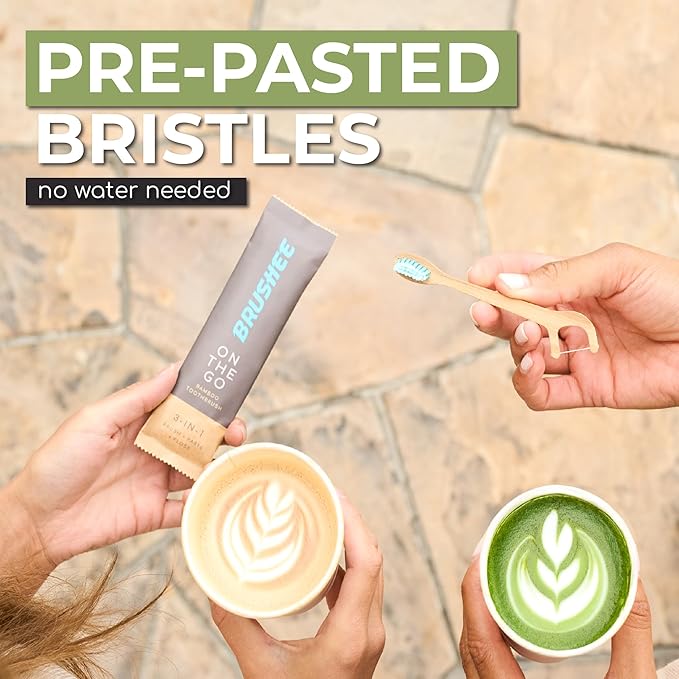 Brushee - 12 Pack Bamboo Toothbrushes Kit - 3-in-1 Travel Toothbrush with Flosser - Soft Eco-Friendly Disposable Toothbrushes with Toothpaste Fresh Mint Flavored - Individually Wrapped for Travel