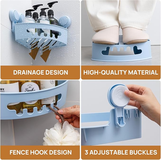 LEVERLOC Powerful Suction Bathroom Shower Shelf, Waterproof and Rustproof Organizer for Bathroom Storage and Kitchen, No-Drilling Removable, Blue