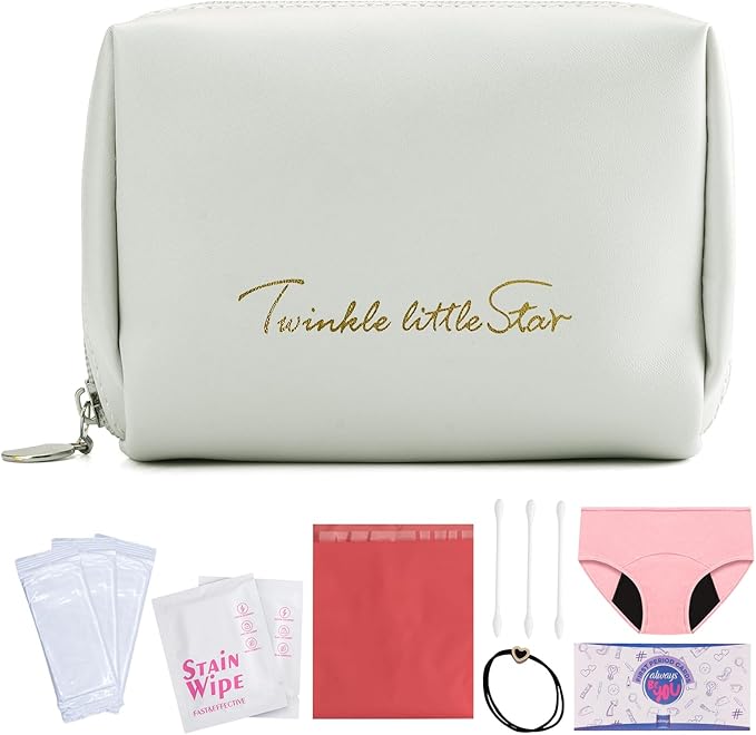 First Period Kit for Girls 9-12,Thoughtful First Period Gift,Tween Period Starter Kit with Spare Underwear, Wipes,Period Knowledge Cards and More. (Milk apricot white)