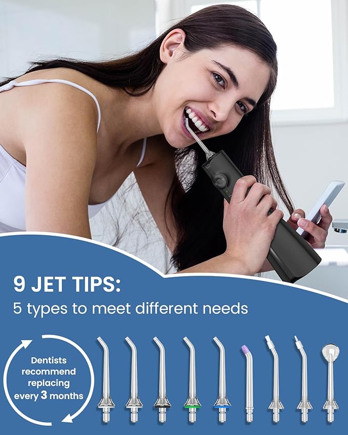 Water Flosser Teeth Pick: 9 Jet Tips Cordless Oral Irrigator with 300ML, 5 Modes Portable Power Dental Flossers, IPX7 Waterproof Rechargeable Electric Waterflosser Machine for Home Travel, Black