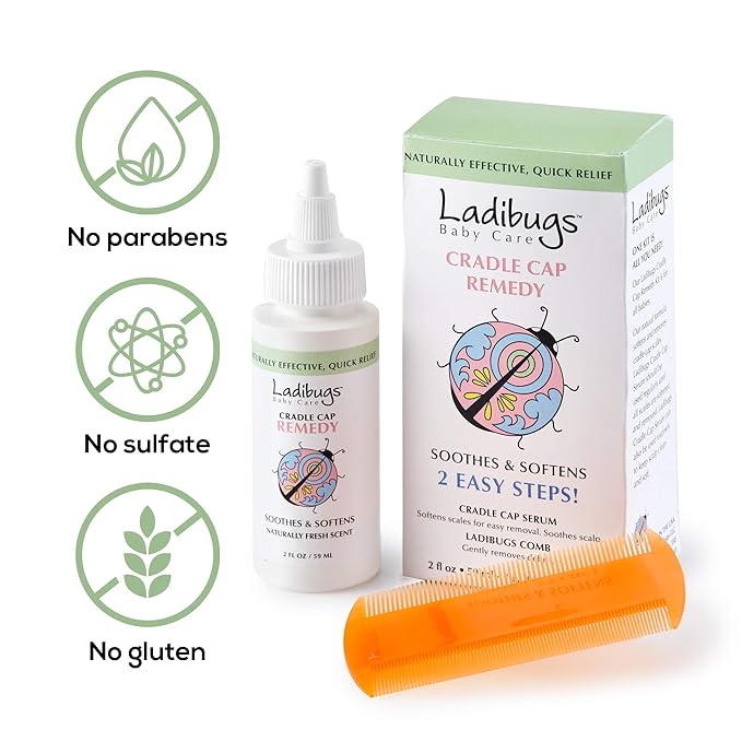 Ladibugs Cradle Cap Remedy Kit, 3oz | Includes Cradle Cap Serum & Fine-Toothed Comb | Effectively Removes Scales & Flakes | Soothes & Softens Scalp