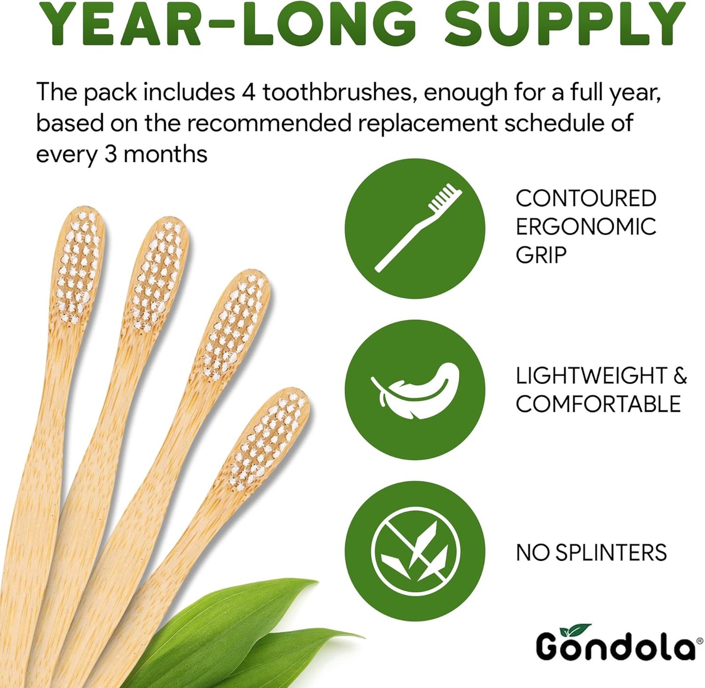 Gondola Organic Bamboo Toothbrushes (Adults - 4 Count (Pack of 1))