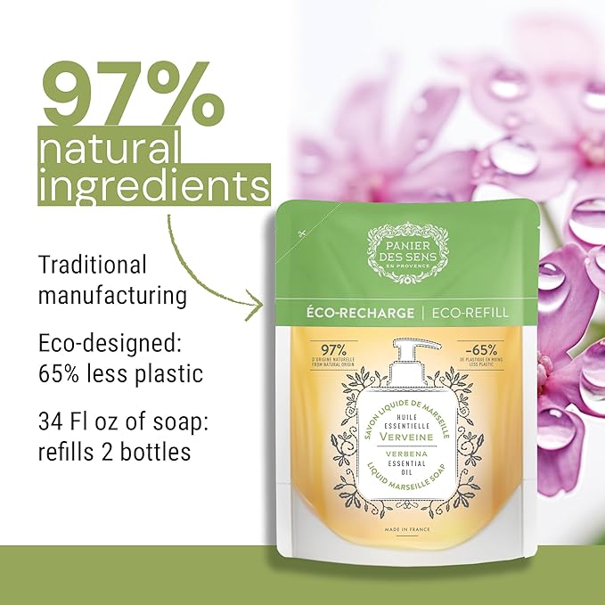 Panier des Sens - Liquid Hand Soap Refills - Verbena Foaming Hand Soap Refill - French Moisturizing Hand Wash with Coconut Oil - Kitchen & Bathroom- 97% Natural - 34 Fl.oz