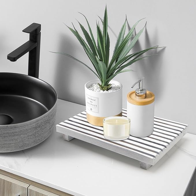 Rustic Bathroom Counter Tray Wood Display Pedesta Stand White Kitchen Countertop Trays Decorative Wooden Riser Dish Soap Dispenser Holder for Bathroom Sink Accessories Kitchen Decor Vanity Tray