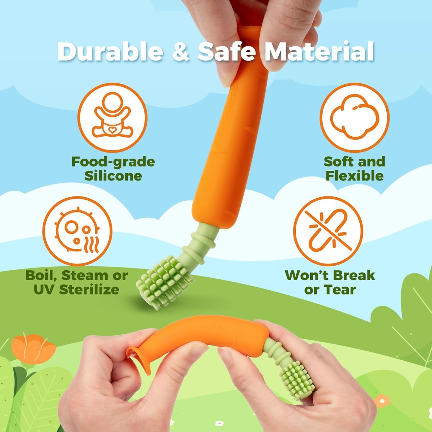 Papablic Baby Toothbrush Teether, Teething Toys 6-12 Months, 360° Carrot Teether Baby Stuffers, Infant Toothbrush with Suction Base