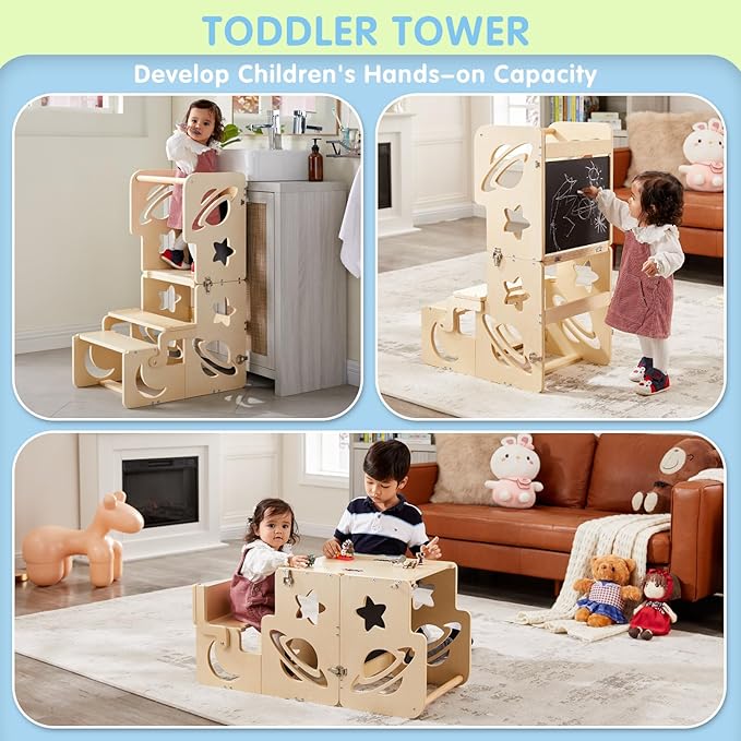 Toddler Tower, Toddler Stool for Kitchen, Kids Learning Wooden Tower, Foldable Weaning Table with Kids Step Stool, Montessori Standing Tower for Bathroom and Kitchen Counter