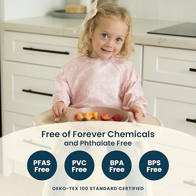 Tiny Twinkle Long Sleeve Bib for Babies & Toddlers – 2 Pack Waterproof Smock Bibs for Eating – Machine Washable & Mess-Proof, Baby Feeding Essential & Shower Must-Have (Grey Indigo,6–24M)