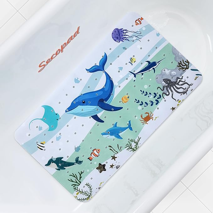 Bath Mat for Tub Non Slip, Machine Washable Anti-Slip Cartoon Baby Bathtub Shower Mat with Drain Holes and Suction Cups for Toddler & Kids (27.5 Inch x 16 Inch-Rectangular, Blue Dolphine)