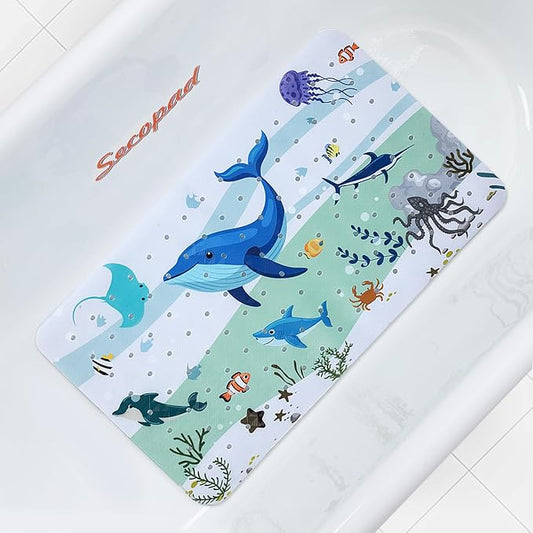 Bath Mat for Tub Non Slip, Machine Washable Anti-Slip Cartoon Baby Bathtub Shower Mat with Drain Holes and Suction Cups for Toddler & Kids (27.5 Inch x 16 Inch-Rectangular, Blue Dolphine)