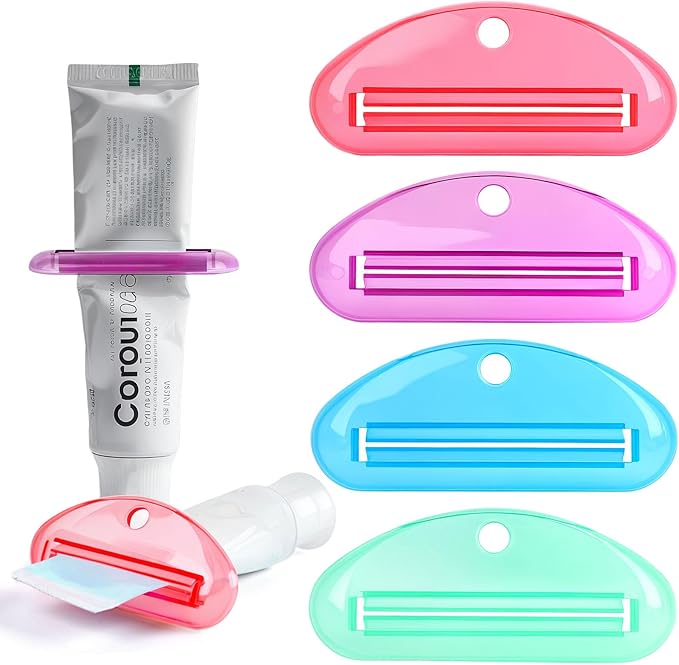 LOVEINUSA Toothpaste Tube Squeezer Dispenser, 4PCS Hanging Tooth Paste Clips Roller Squeezer Holder for Saving Toothpaste Facial Cleanser Creams Paint Hair Gel Glue