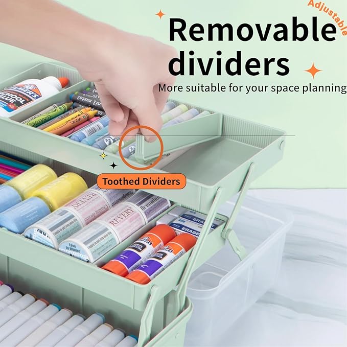 12.5in 3-Layer Multipurpose Craft Organizers and Storage with Adjustable Dividers, Portable Tackle Box, Folding Art & Craft Case for Medicine, Tool, Sewing Organizer (Haze Green)