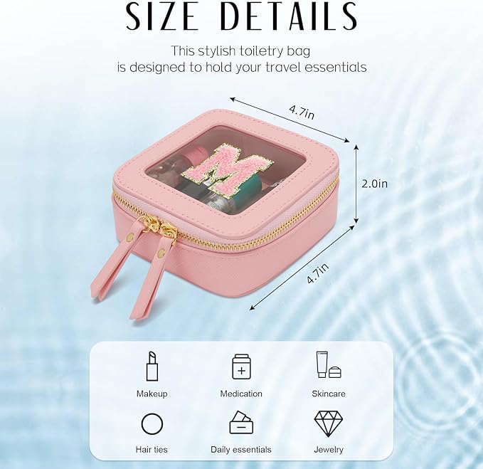 Christmas Gifts for Girls - Initial Clear Toiletry Bag, Small Cosmetic Bags for Girls with Zipper, Potable Mini Makeup Bag for Birthday, Graduation (Pink, M)