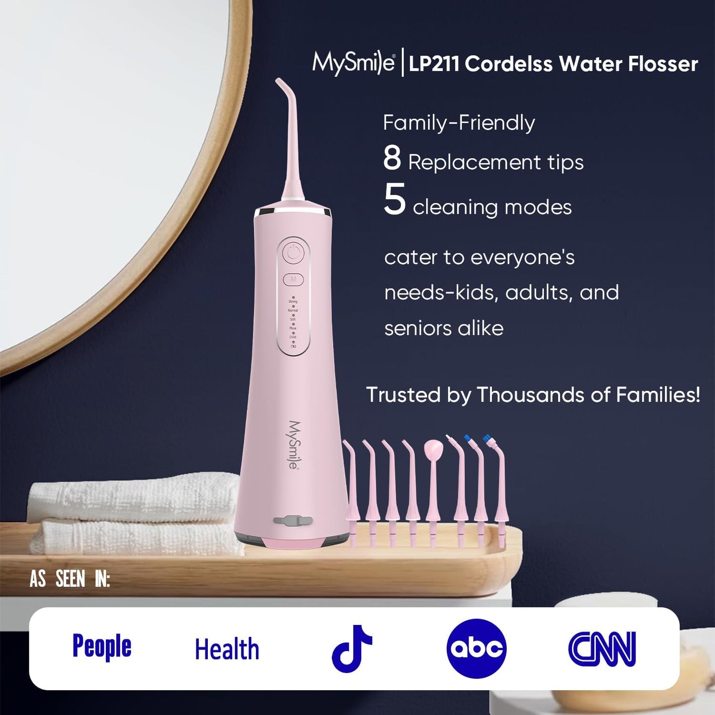 MySmile LP211 Cordless Water Flossers, Portable Rechargeable Oral Irrigator for Teeth Cleaning, 5 Cleaning Modes, IPX7 Waterproof, 8 Replacement Tips and a Storage Pouch (Juicy Pink)