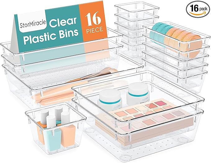 16 PCS Drawer Organizer Set, 5 Varied Size Bathroom and kitchen Drawer cabinet organizer Trays, Clear Storage Bins for Makeup, Jewelry, Utensils and Gadgets