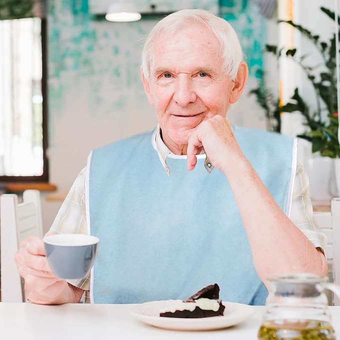 3 Pack Terry Cloth Bibs for Adults, Seniors, Special Needs, and Hospice or Personal Care with Built-In Crumb Catcher and Clothing Protector, Washable and Reusable