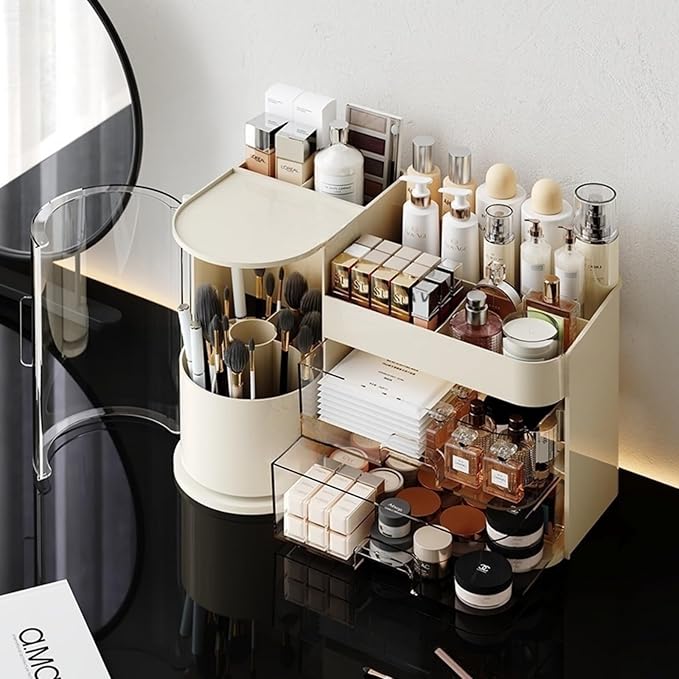Makeup Organizer with Rotating Brush Holder Cosmetic Organizer with Drawers Countertop Skincare Organizer for Vanity,Cosmetic Display Case Storage (Cream, Large)