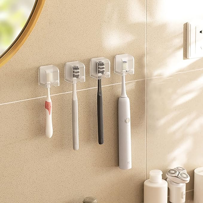 4 PCS Toothbrush Holder Wall Mounted with Cover for Bathroom, Self Adhesive Toothbrush Storage Organizer for Shower, Mini Toothbrush Hanger Rack for Dorm, Cabinet
